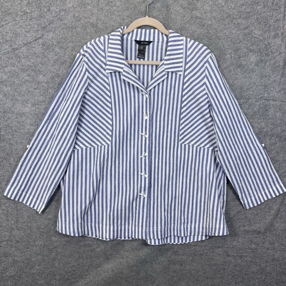 Ali Miles Blouse Top Womens XL Blue Striped Textured Button Front Lightweight